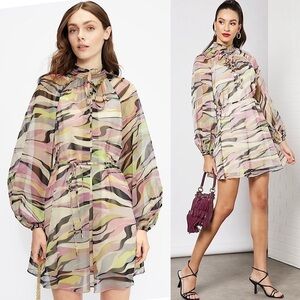 NWT TED BAKER Sheer Puff Balloon Sleeve Tie High Neck 60s Abstract Print Dress 0